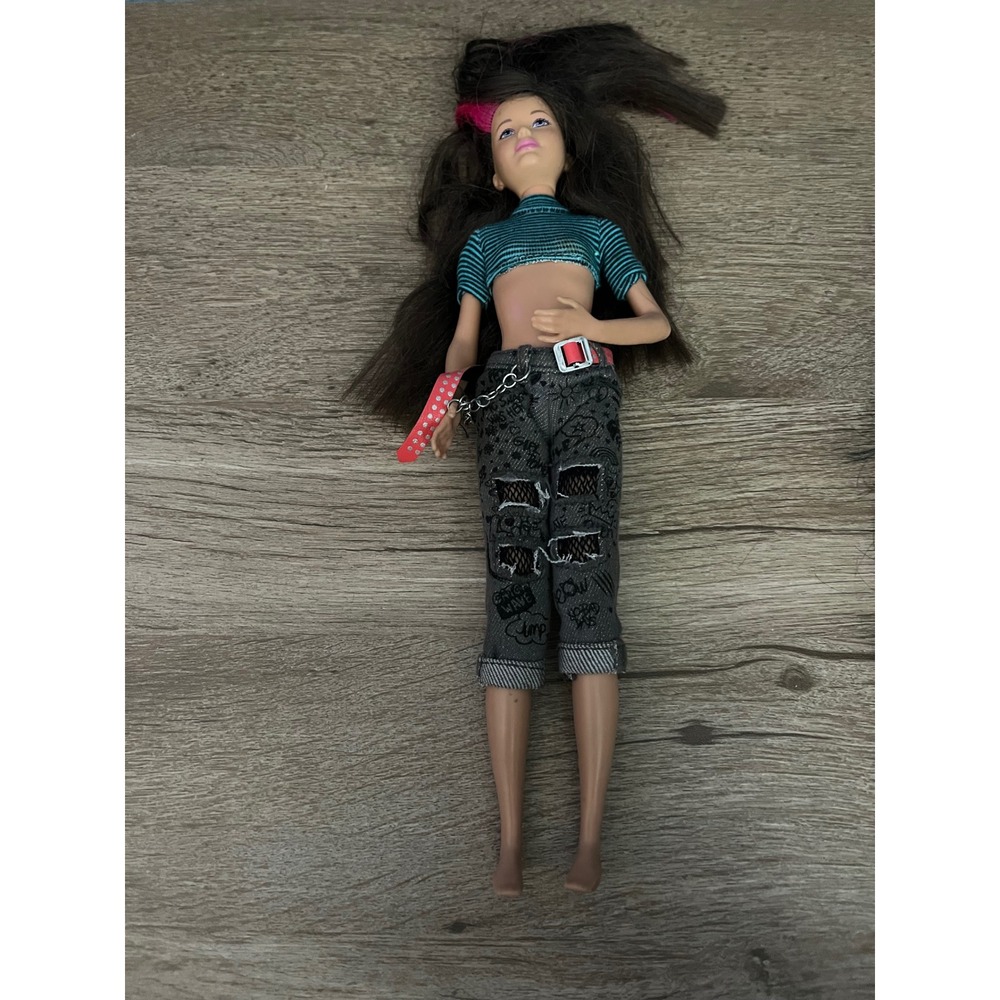 Barbie Doll Fashionista Black Hair Blue Striped Crop Top Ripped Jeans Belt